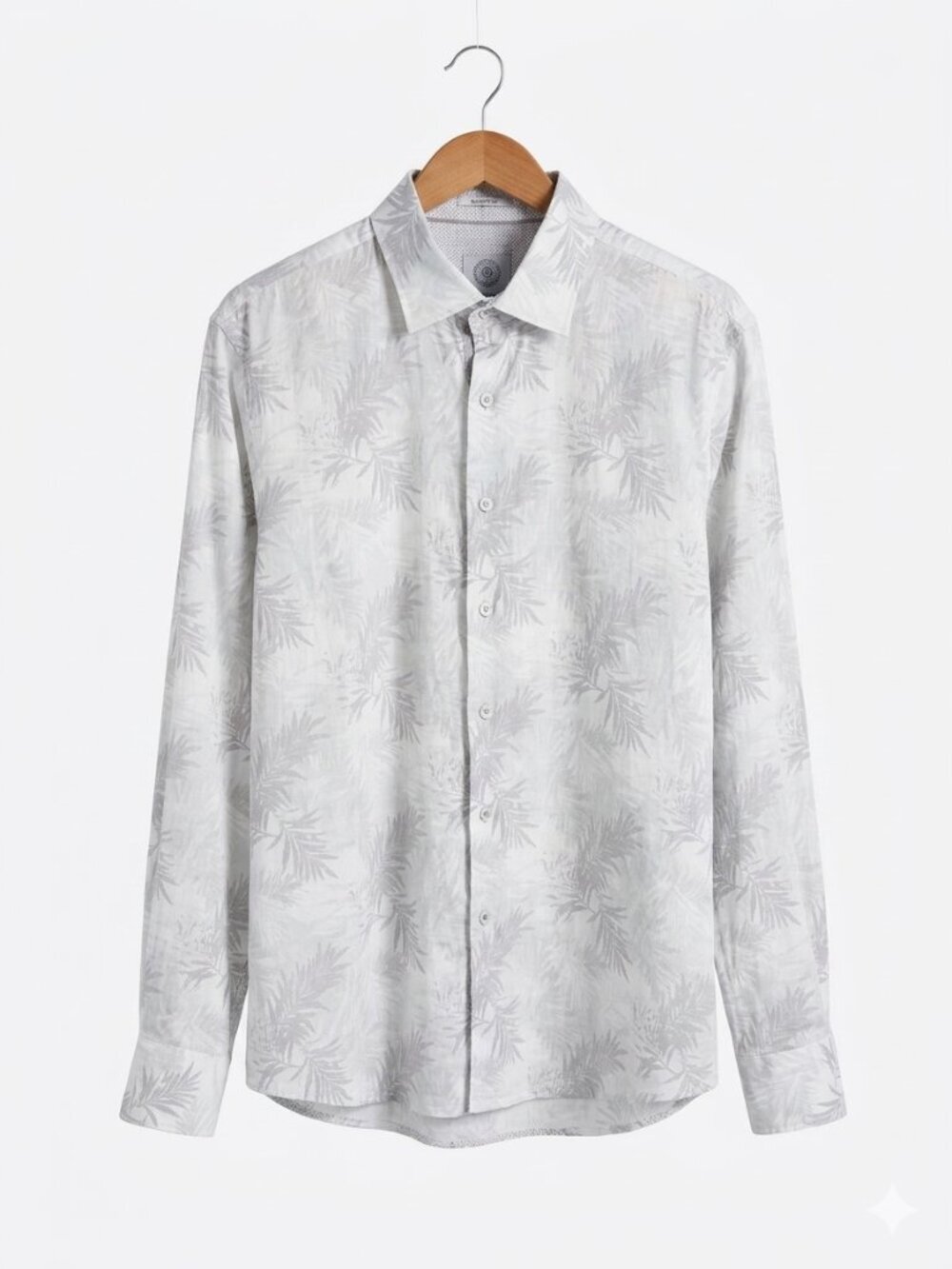 Bugatchi Men's Shaped Fit Button Down Shirt White Light Gray Palm Print Size